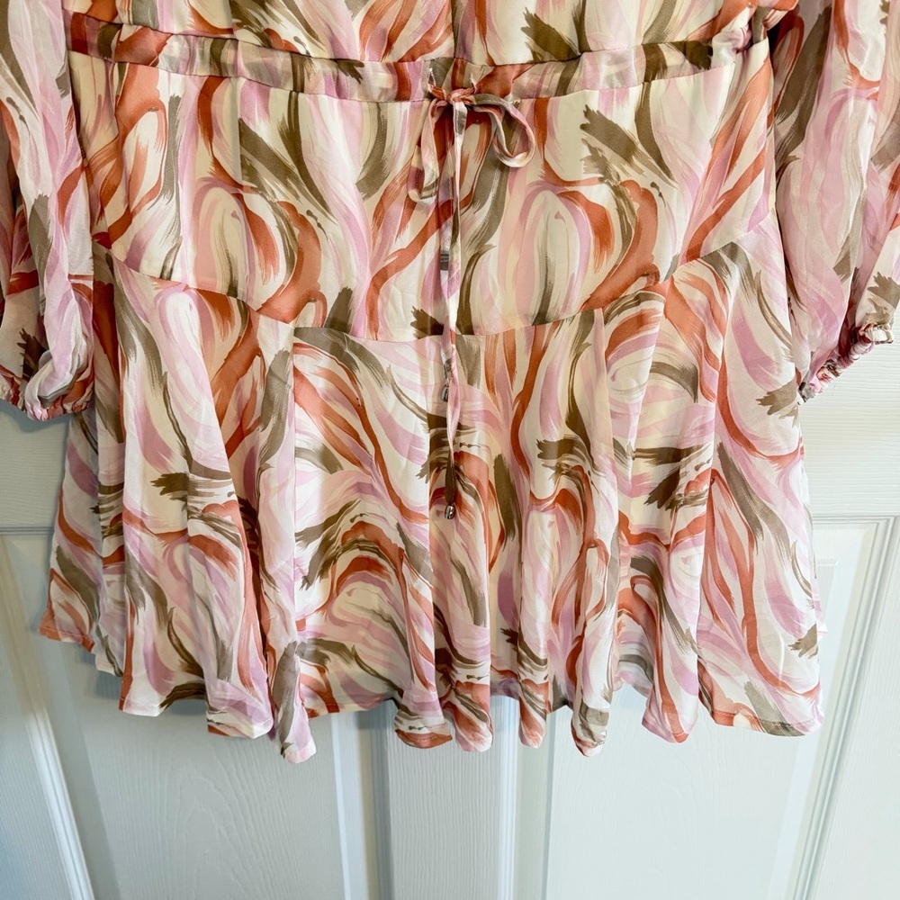 Entro Large Peach Pink Floral Tiered Mini Dress Boho Bell Sleeve - Picture 6 of 8